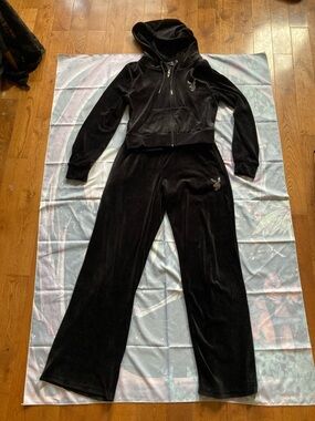 PLAYBOY Black Velour Wide-Leg Pants & Hooded Jacket Set